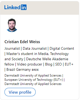 data journalist Cristian Weiss multimedia Germany Brazil deutsche welle reporting Brazilian journalist in Germany German journalist in Brazil data journalism Santa Catarina Florianópolis Blumenau portfolio digital journalist technology specialist websites data visualization G1 Folha European citizenship German Portuguese Italian Spanish increased how to get citizenship of europe naturalization journalist in Frankfurt dual citizenship